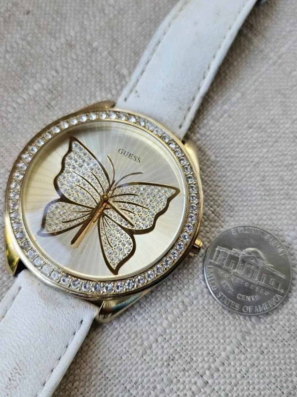 Vintage Guess Women Wristwatch Big Face Butterly Gold Tone Crystals Accent Bezel